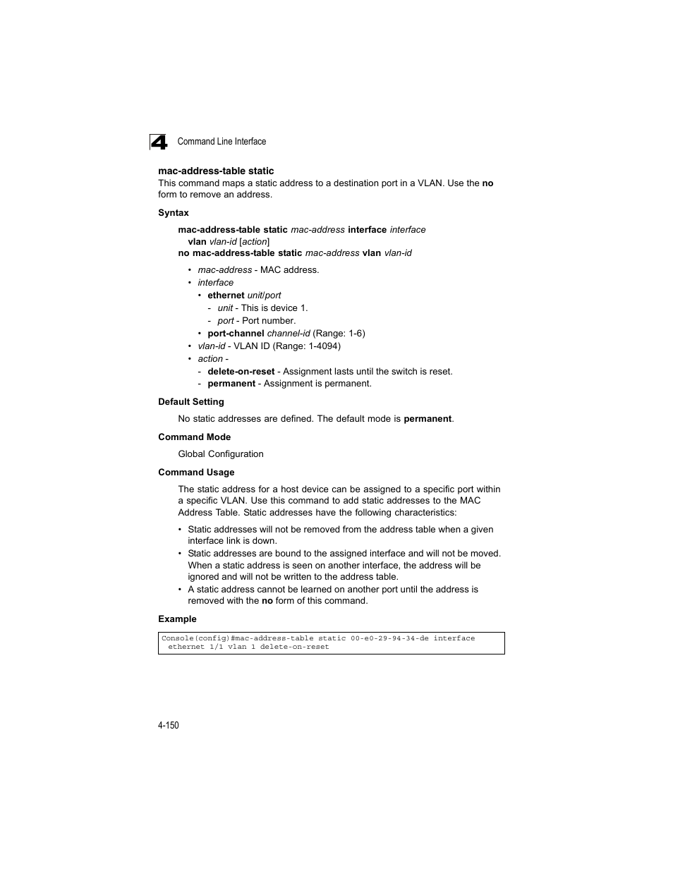 Mac-address-table static, Mac-address-table, Static | Mac-address-table static (4-150) | Accton Technology ES4512C User Manual | Page 340 / 426