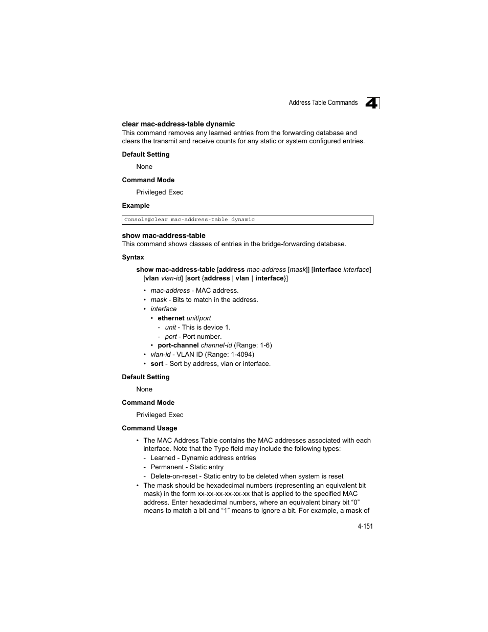 Clear mac-address-table dynamic, Show mac-address-table, Show mac-address-table (4-151) | Accton Technology ES4512C User Manual | Page 341 / 426