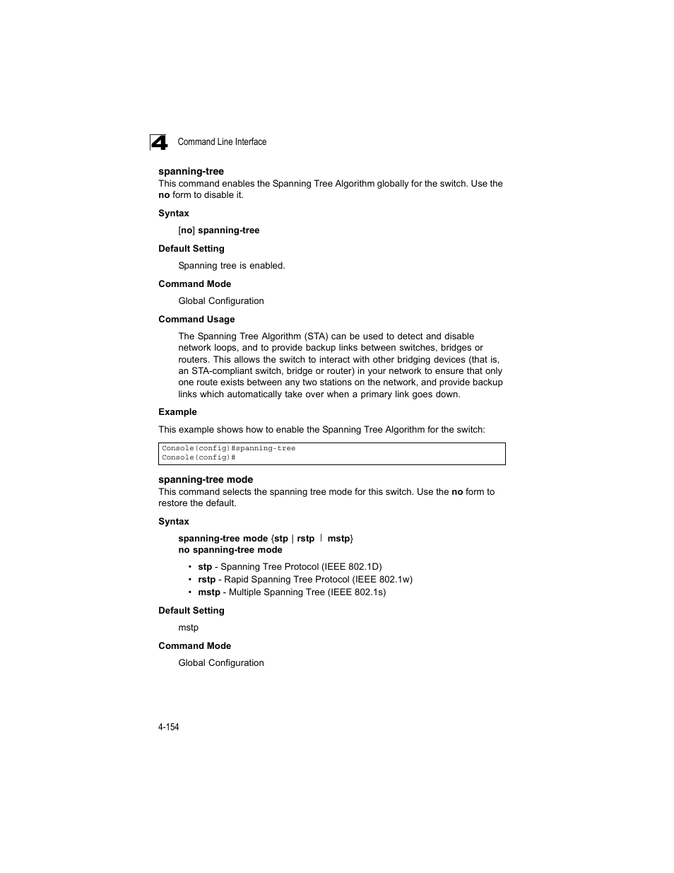 Spanning-tree, Spanning-tree mode, Spanning-tree 4-152 spanning-tree mode | Accton Technology ES4512C User Manual | Page 344 / 426