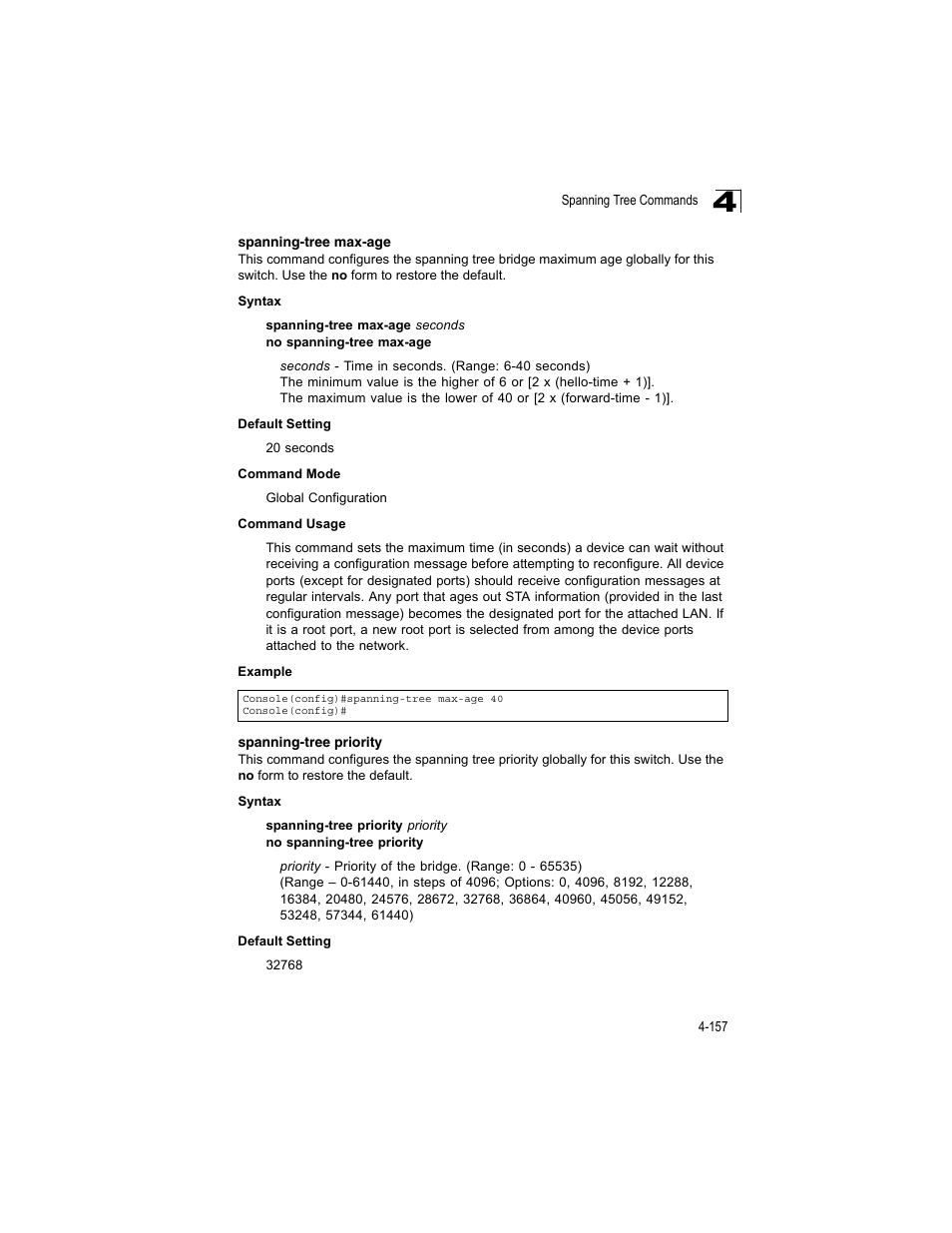 Spanning-tree max-age, Spanning-tree priority | Accton Technology ES4512C User Manual | Page 347 / 426