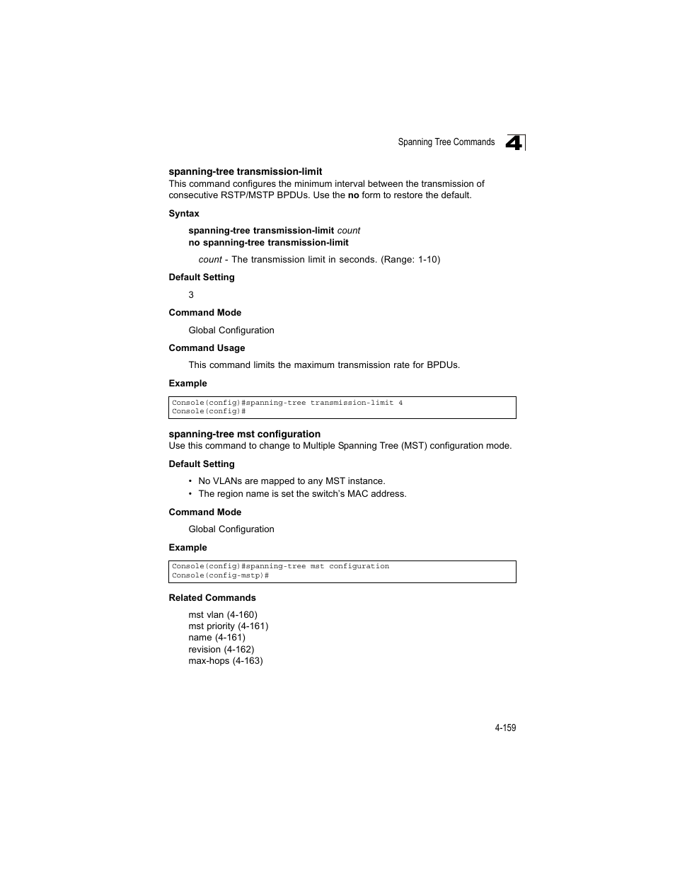 Spanning-tree transmission-limit, Spanning-tree mst configuration | Accton Technology ES4512C User Manual | Page 349 / 426