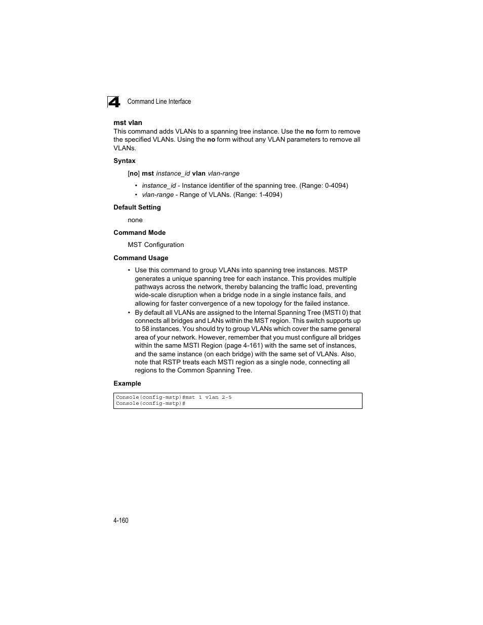 Mst vlan, Mst vlan (4-160) | Accton Technology ES4512C User Manual | Page 350 / 426