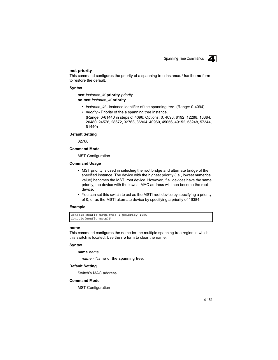 Mst priority, Name, Name 4-159 | Mst priority (4-161) name (4-161) | Accton Technology ES4512C User Manual | Page 351 / 426