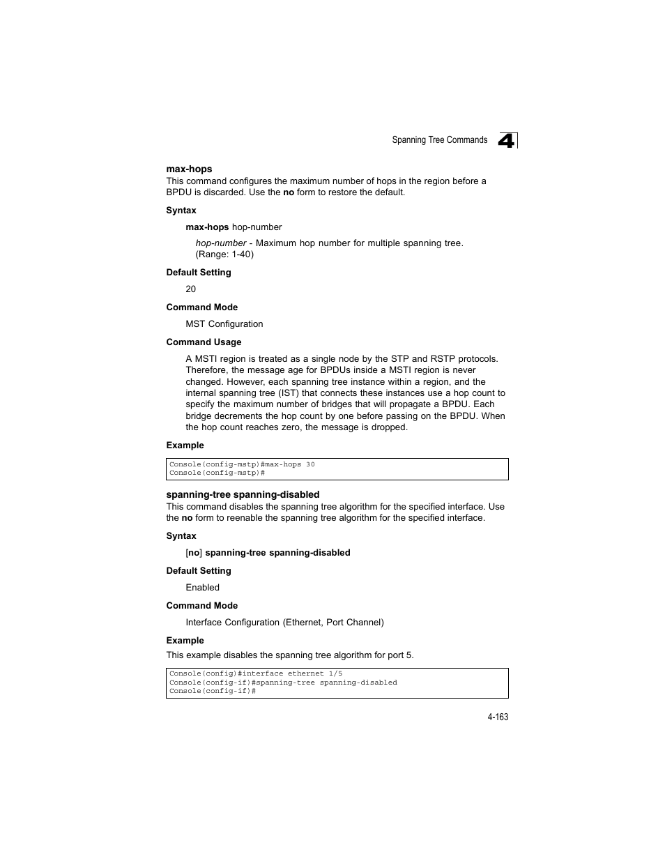 Max-hops, Spanning-tree spanning-disabled, Max-hops 4-161 spanning-tree spanning-disabled | Max-hops (4-163) | Accton Technology ES4512C User Manual | Page 353 / 426