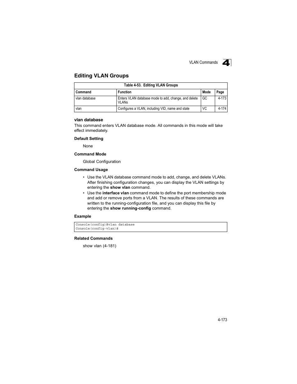 Editing vlan groups, Vlan database, Table 4-53 | Accton Technology ES4512C User Manual | Page 363 / 426