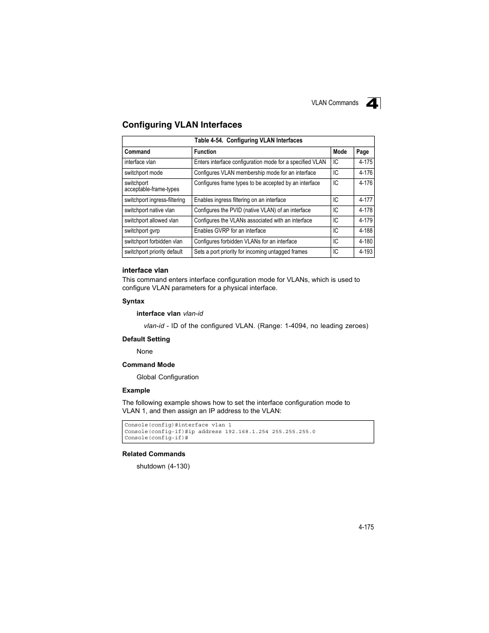 Configuring vlan interfaces, Interface vlan, Table 4-54 | Accton Technology ES4512C User Manual | Page 365 / 426