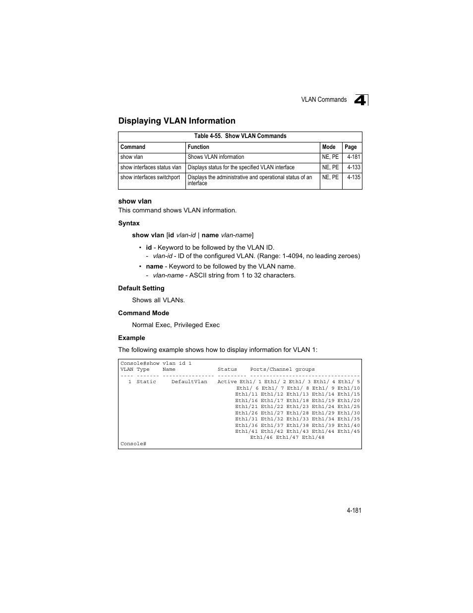Displaying vlan information, Show vlan, Table 4-55 | Show vlan commands | Accton Technology ES4512C User Manual | Page 371 / 426