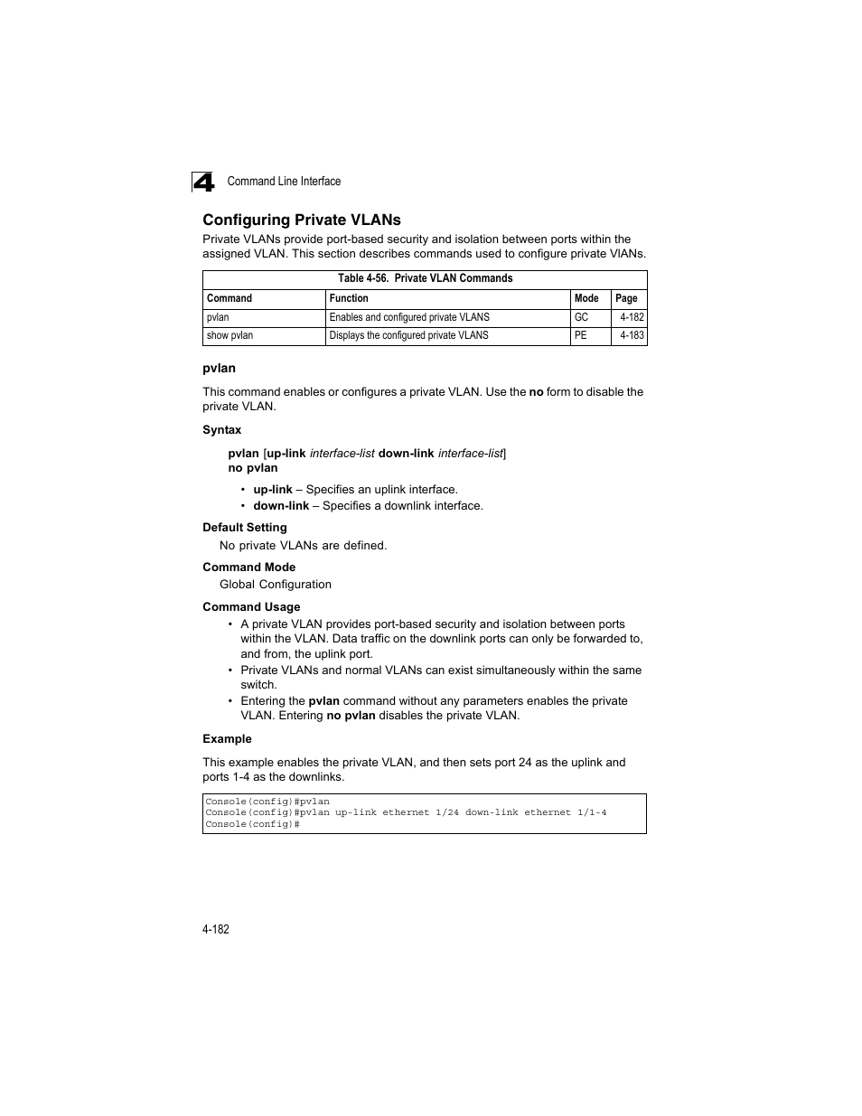 Configuring private vlans, Pvlan 4-180, Table 4-56 | Private vlan commands | Accton Technology ES4512C User Manual | Page 372 / 426