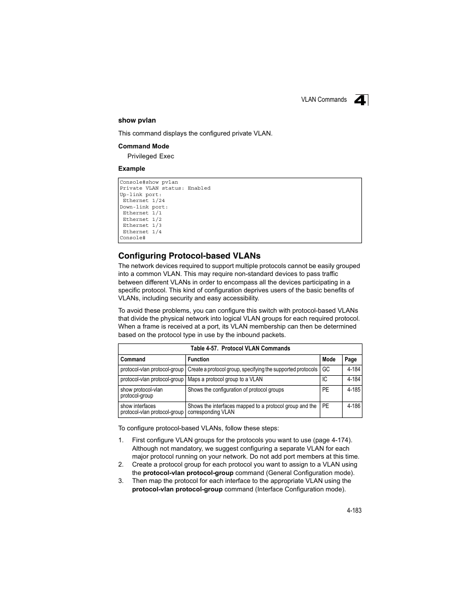 Configuring protocol-based vlans, Show pvlan, Table 4-57 | Protocol vlan commands | Accton Technology ES4512C User Manual | Page 373 / 426