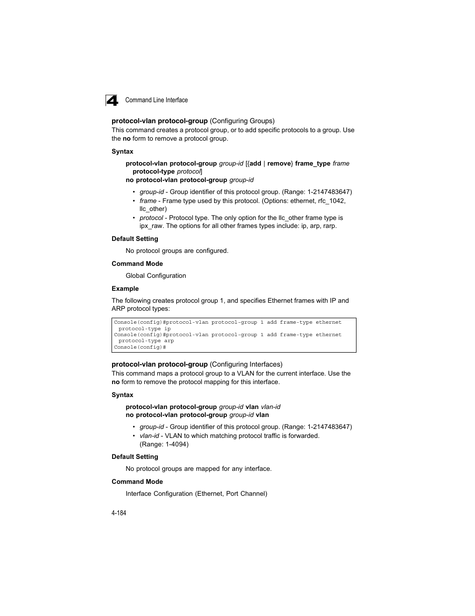 Protocol-vlan protocol-group (configuring groups) | Accton Technology ES4512C User Manual | Page 374 / 426
