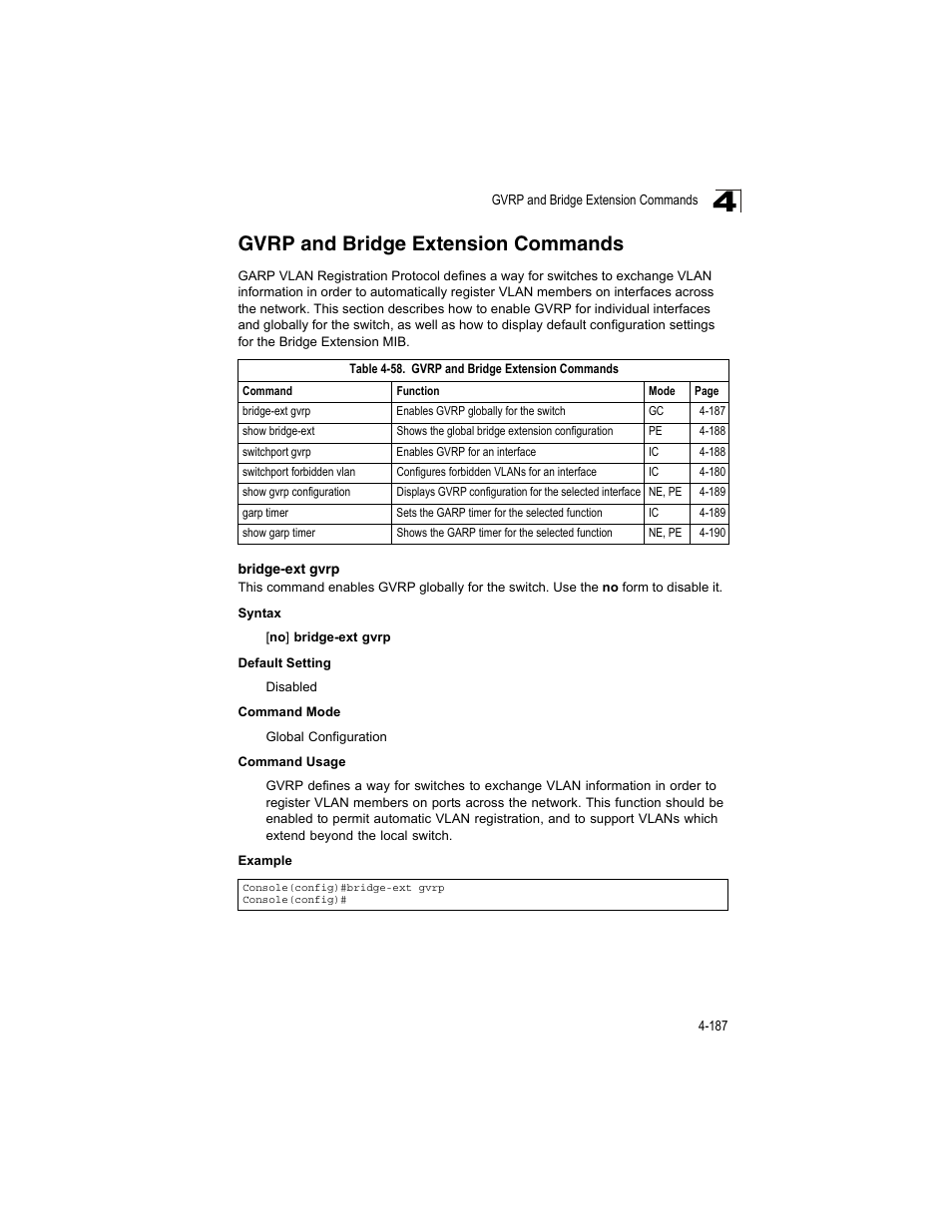Gvrp and bridge extension commands, Bridge-ext gvrp, Table 4-58 | Accton Technology ES4512C User Manual | Page 377 / 426