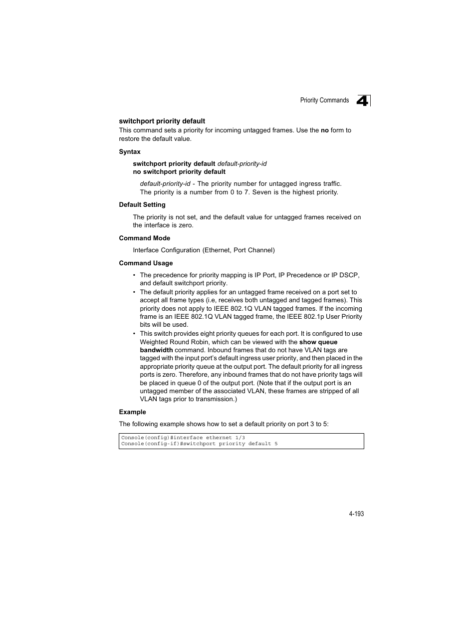 Switchport priority default | Accton Technology ES4512C User Manual | Page 383 / 426