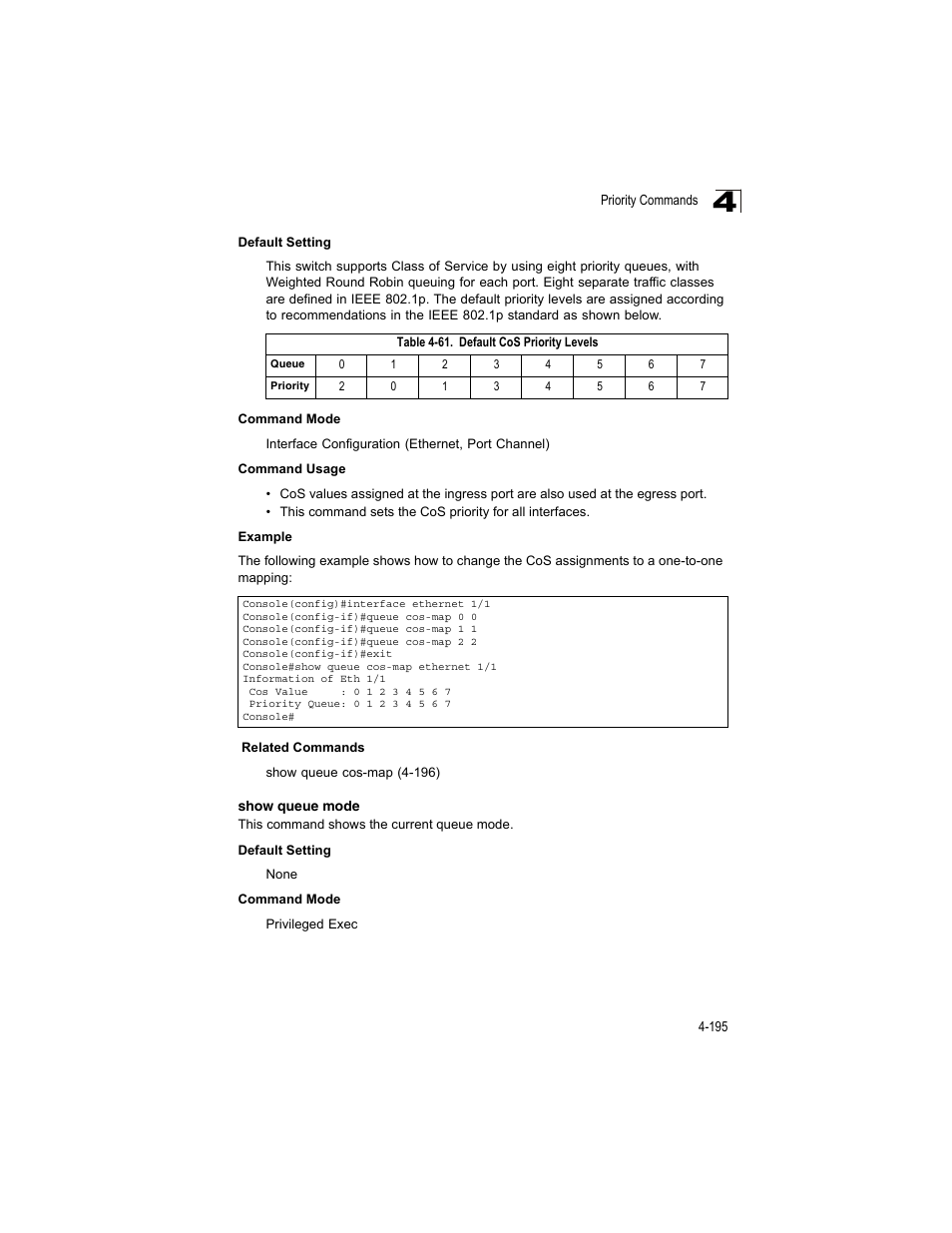 Show queue mode, Table 4-61, Default cos priority levels | Accton Technology ES4512C User Manual | Page 385 / 426