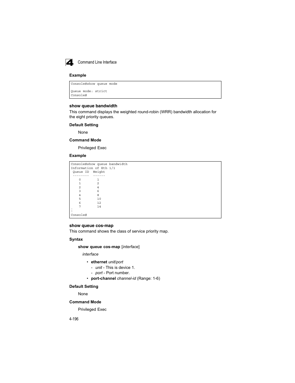 Show queue bandwidth, Show queue cos-map | Accton Technology ES4512C User Manual | Page 386 / 426