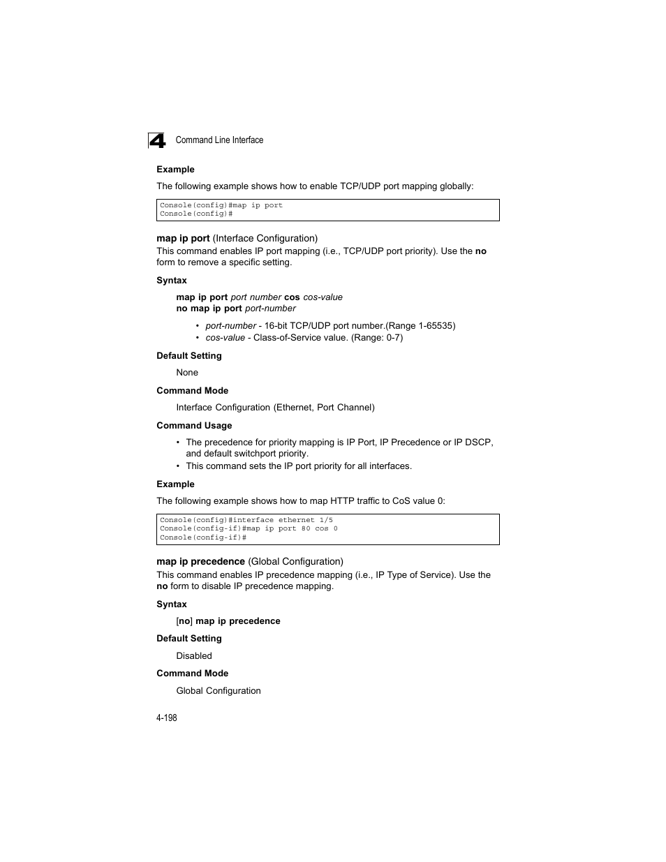 Map ip port (interface configuration), Map ip precedence (global configuration) | Accton Technology ES4512C User Manual | Page 388 / 426