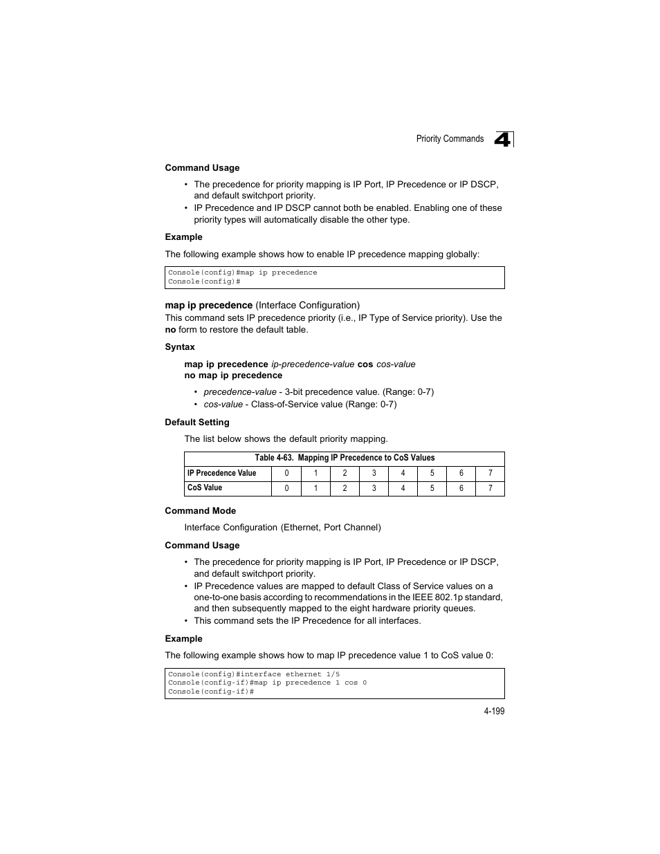Map ip precedence (interface configuration), Table 4-63, Mapping ip precedence to cos values | Accton Technology ES4512C User Manual | Page 389 / 426
