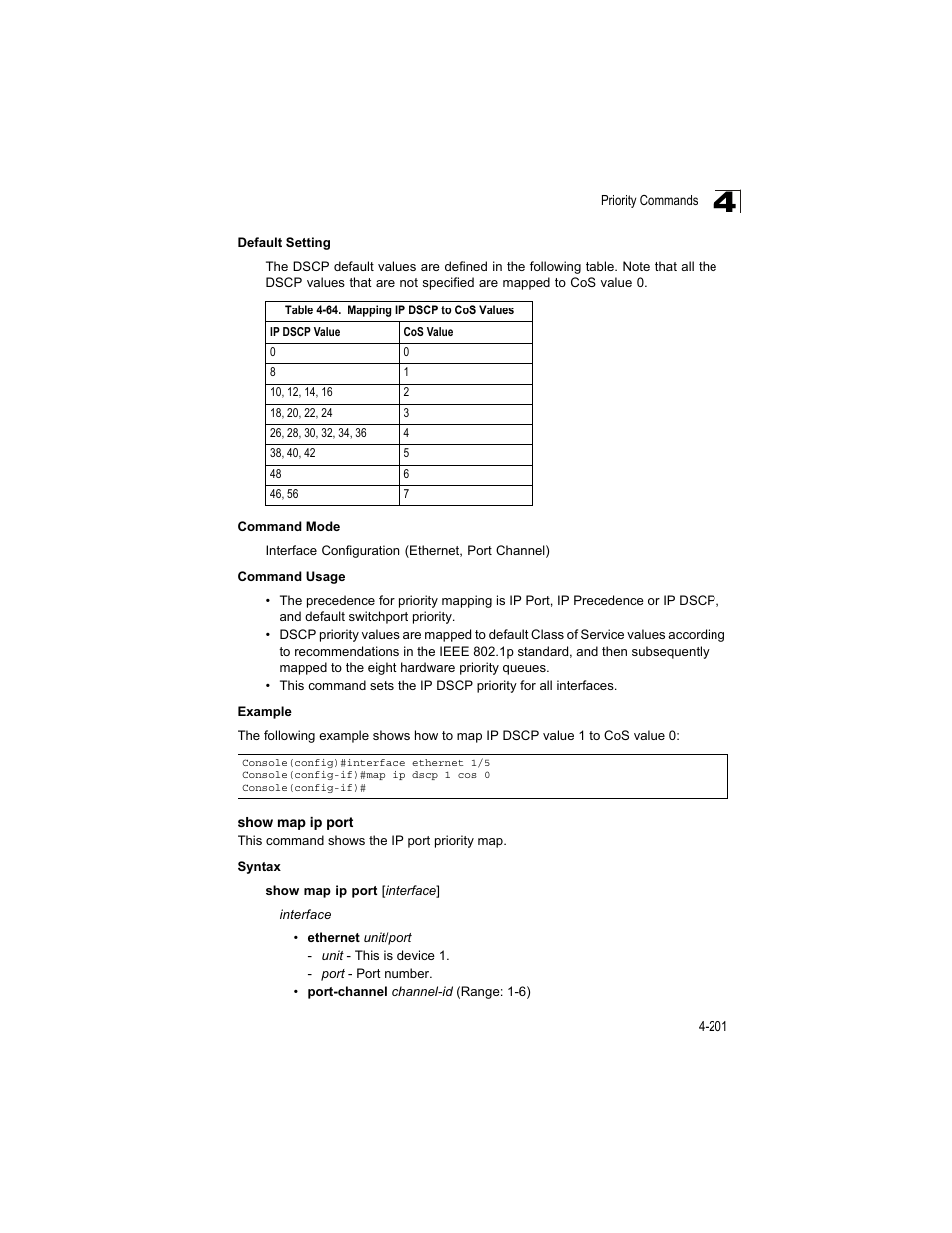 Show map ip port, Table 4-64, Mapping ip dscp to cos values | Accton Technology ES4512C User Manual | Page 391 / 426