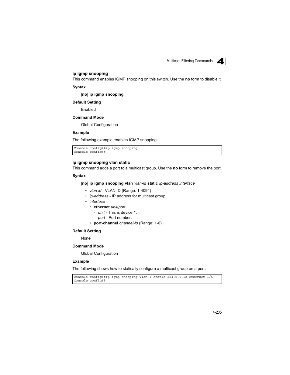 Ip igmp snooping, Ip igmp snooping vlan static | Accton Technology ES4512C User Manual | Page 395 / 426