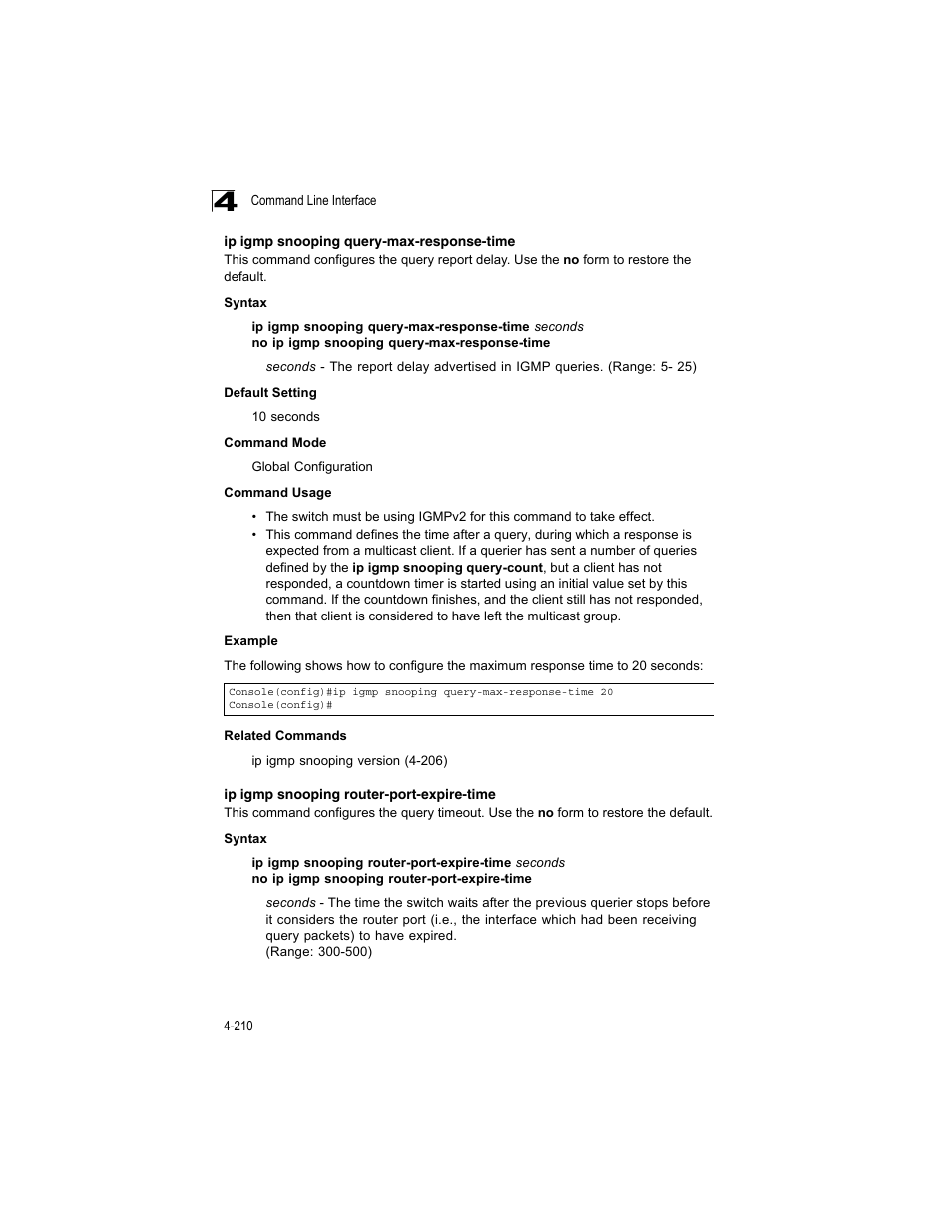 Ip igmp snooping query-max-response-time, Ip igmp snooping router-port-expire-time | Accton Technology ES4512C User Manual | Page 400 / 426