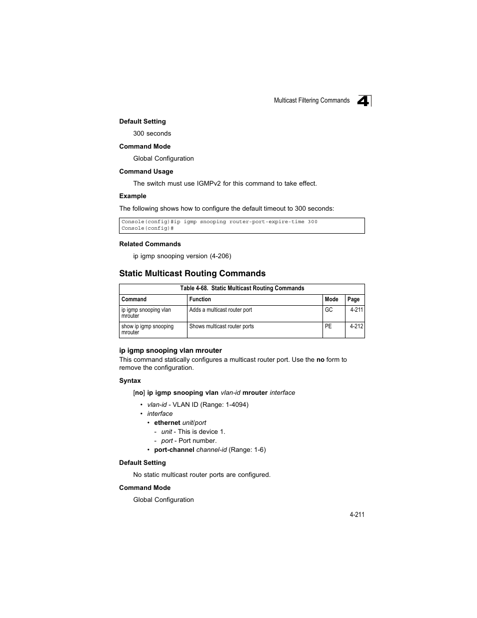 Static multicast routing commands, Ip igmp snooping vlan mrouter, Table 4-68 | Accton Technology ES4512C User Manual | Page 401 / 426