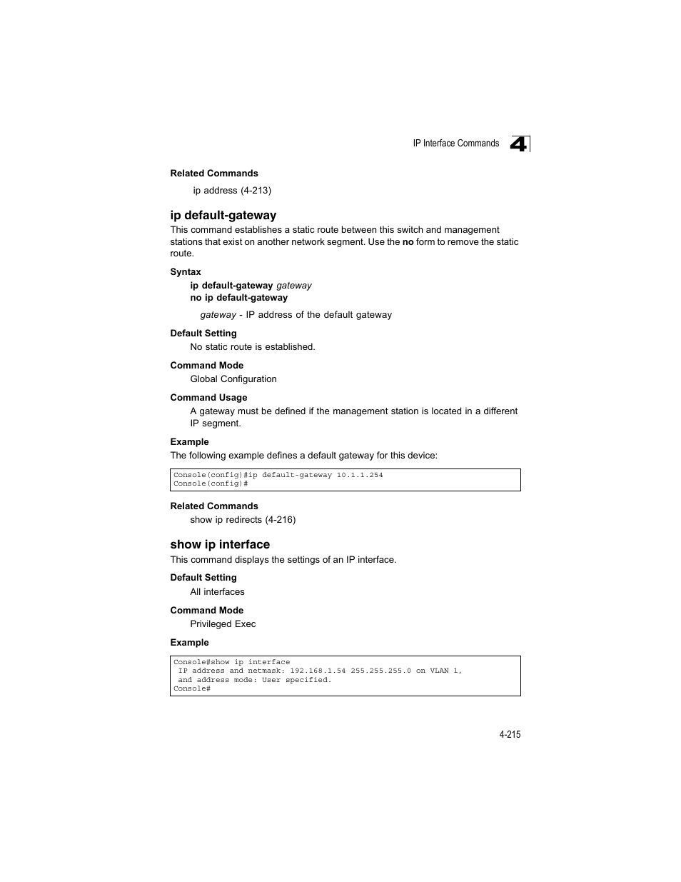 Ip default-gateway, Show ip interface | Accton Technology ES4512C User Manual | Page 405 / 426