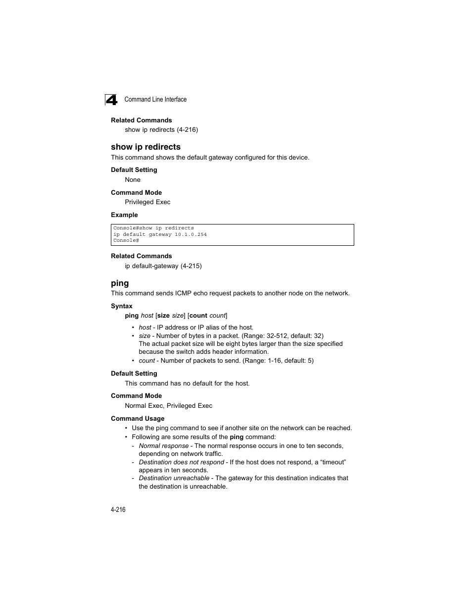 Show ip redirects, Ping, Ping 4-214 | Accton Technology ES4512C User Manual | Page 406 / 426