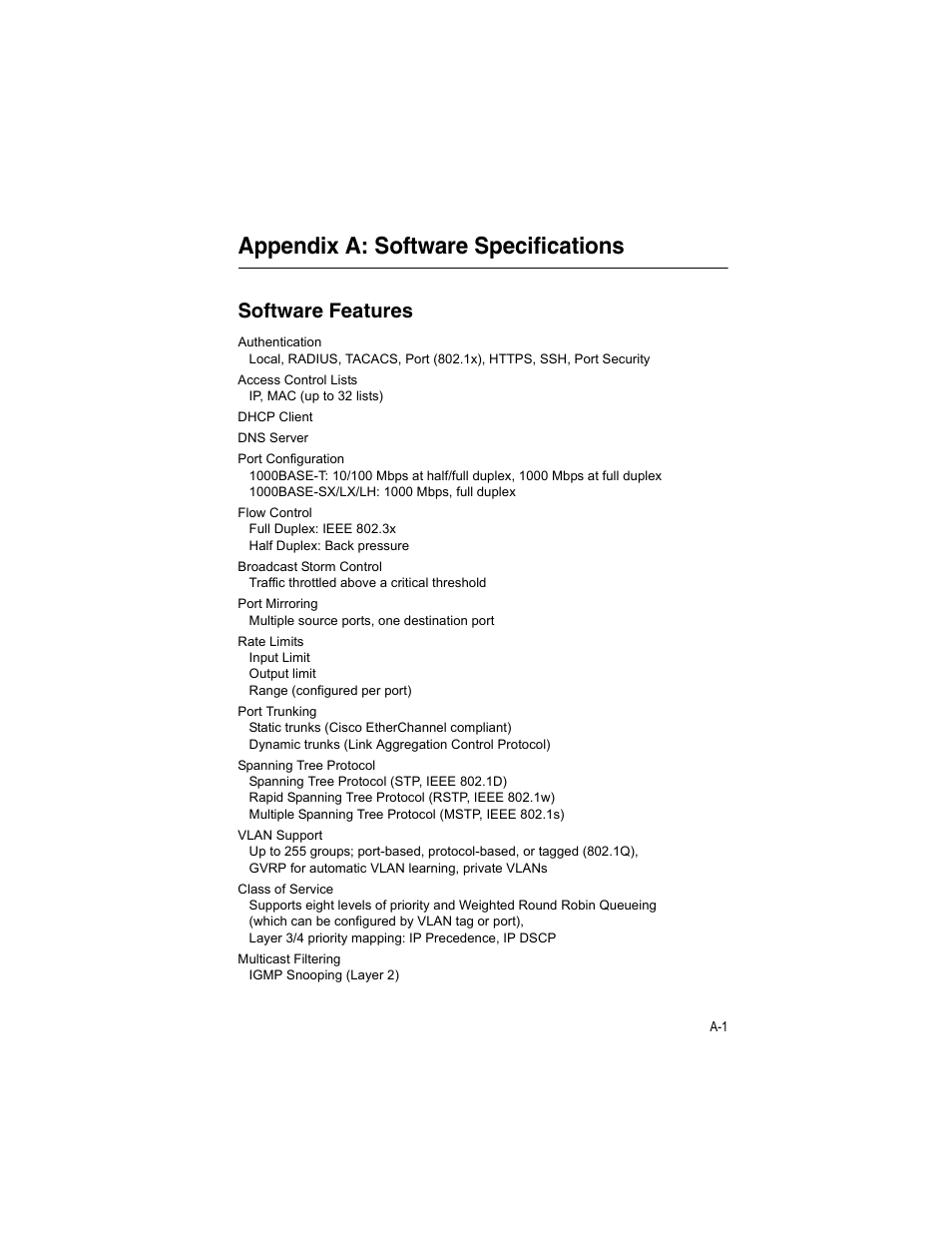 Appendix a: software specifications, Software features | Accton Technology ES4512C User Manual | Page 409 / 426