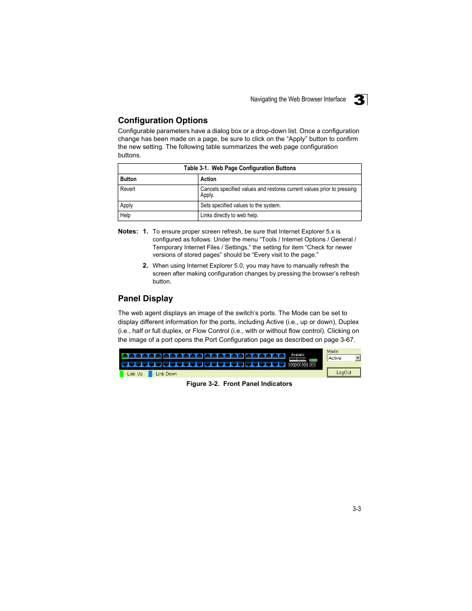 Configuration options, Panel display, Table 3-1 | Figure 3-2, Front panel indicators | Accton Technology ES4512C User Manual | Page 41 / 426