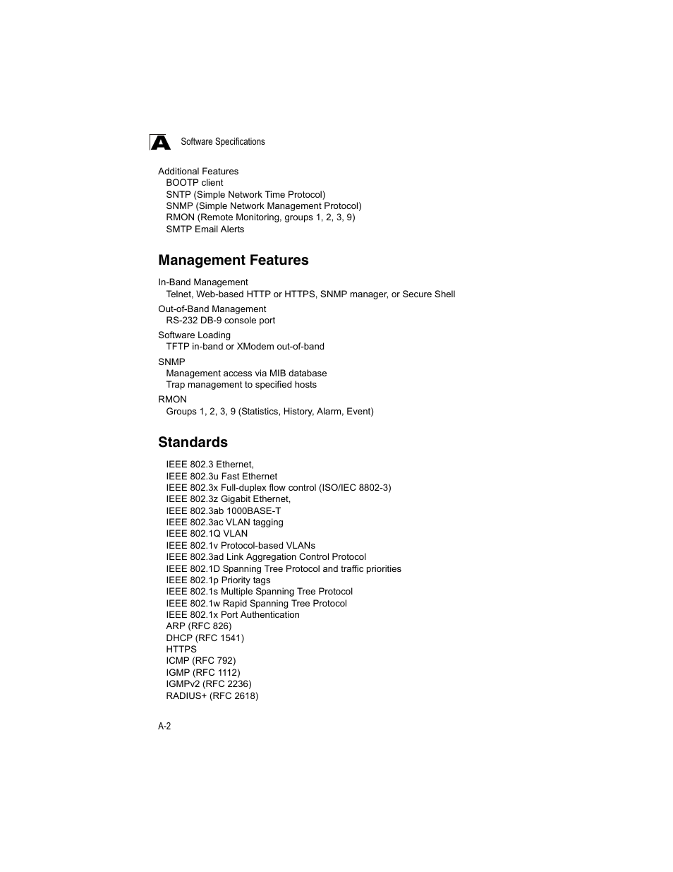 Management features, Standards, Standards a-2 | Accton Technology ES4512C User Manual | Page 410 / 426