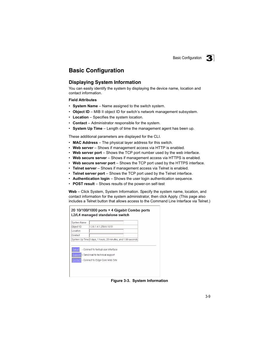 Basic configuration, Displaying system information, Figure 3-3 | System information | Accton Technology ES4512C User Manual | Page 47 / 426