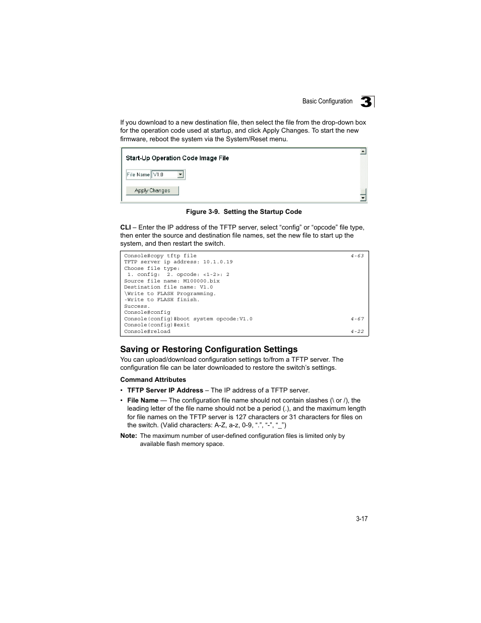 Saving or restoring configuration settings, Figure 3-9, Setting the startup code | Accton Technology ES4512C User Manual | Page 55 / 426