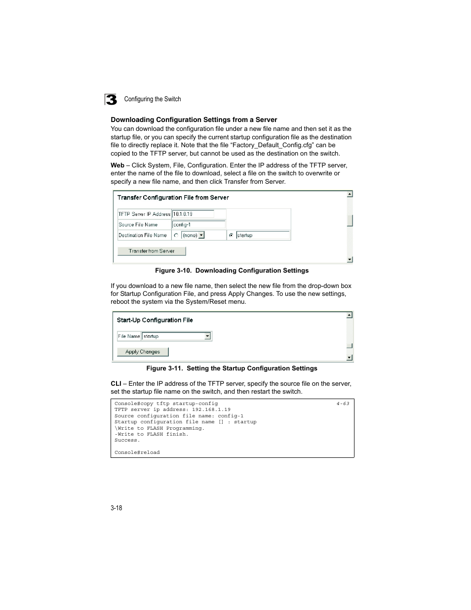 Downloading configuration settings from a server, Figure 3-10, Downloading configuration settings | Figure 3-11, Setting the startup configuration settings | Accton Technology ES4512C User Manual | Page 56 / 426