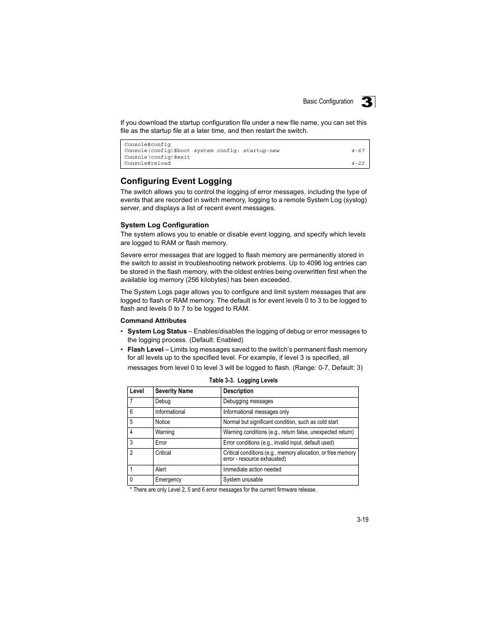 Configuring event logging, System log configuration, Table 3-3 | Logging levels | Accton Technology ES4512C User Manual | Page 57 / 426