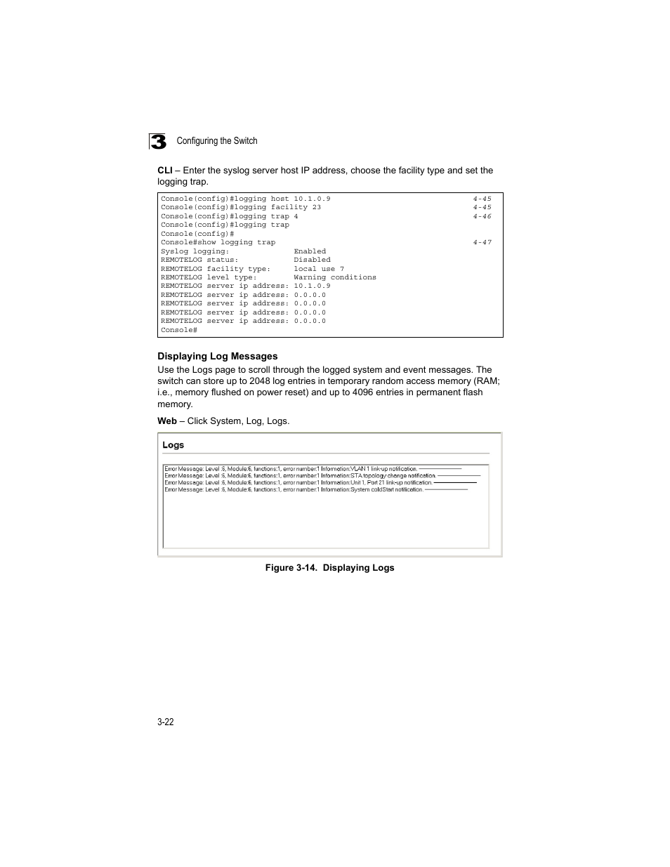 Displaying log messages, Figure 3-14, Displaying logs | Accton Technology ES4512C User Manual | Page 60 / 426