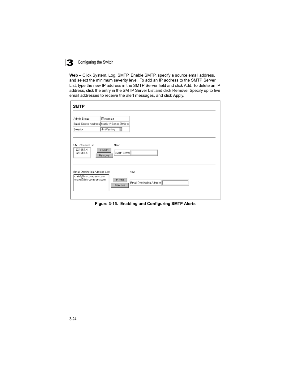 Figure 3-15, Enabling and configuring smtp alerts | Accton Technology ES4512C User Manual | Page 62 / 426