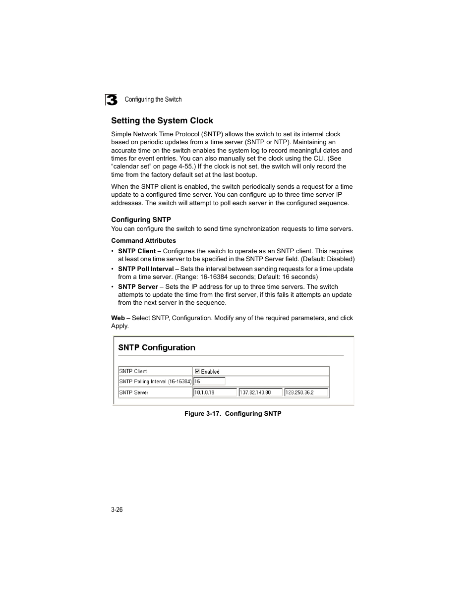 Setting the system clock, Configuring sntp, Figure 3-17 | Accton Technology ES4512C User Manual | Page 64 / 426