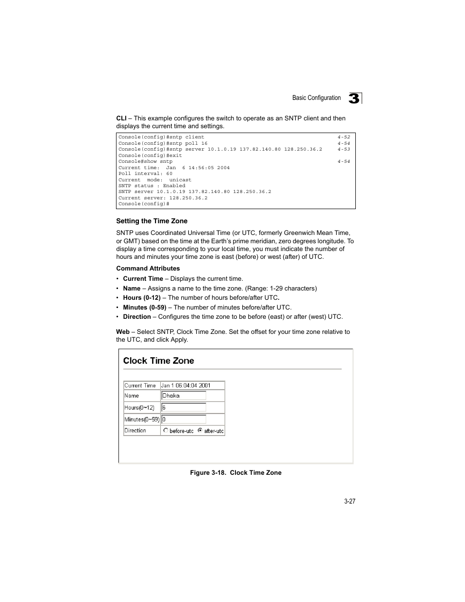 Setting the time zone, Figure 3-18, Clock time zone | Accton Technology ES4512C User Manual | Page 65 / 426