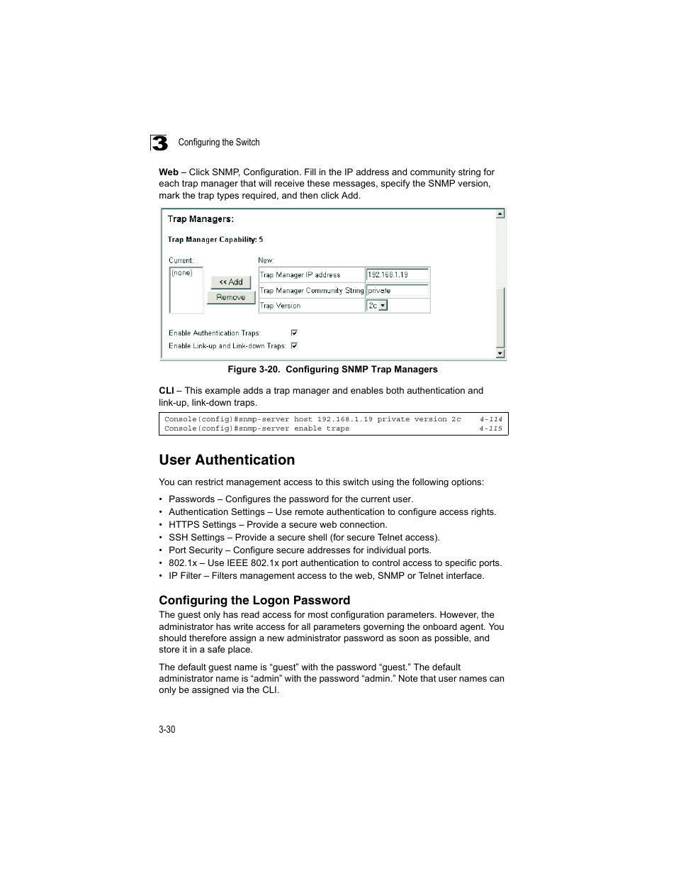User authentication, Configuring the logon password, Figure 3-20 | Configuring snmp trap managers | Accton Technology ES4512C User Manual | Page 68 / 426