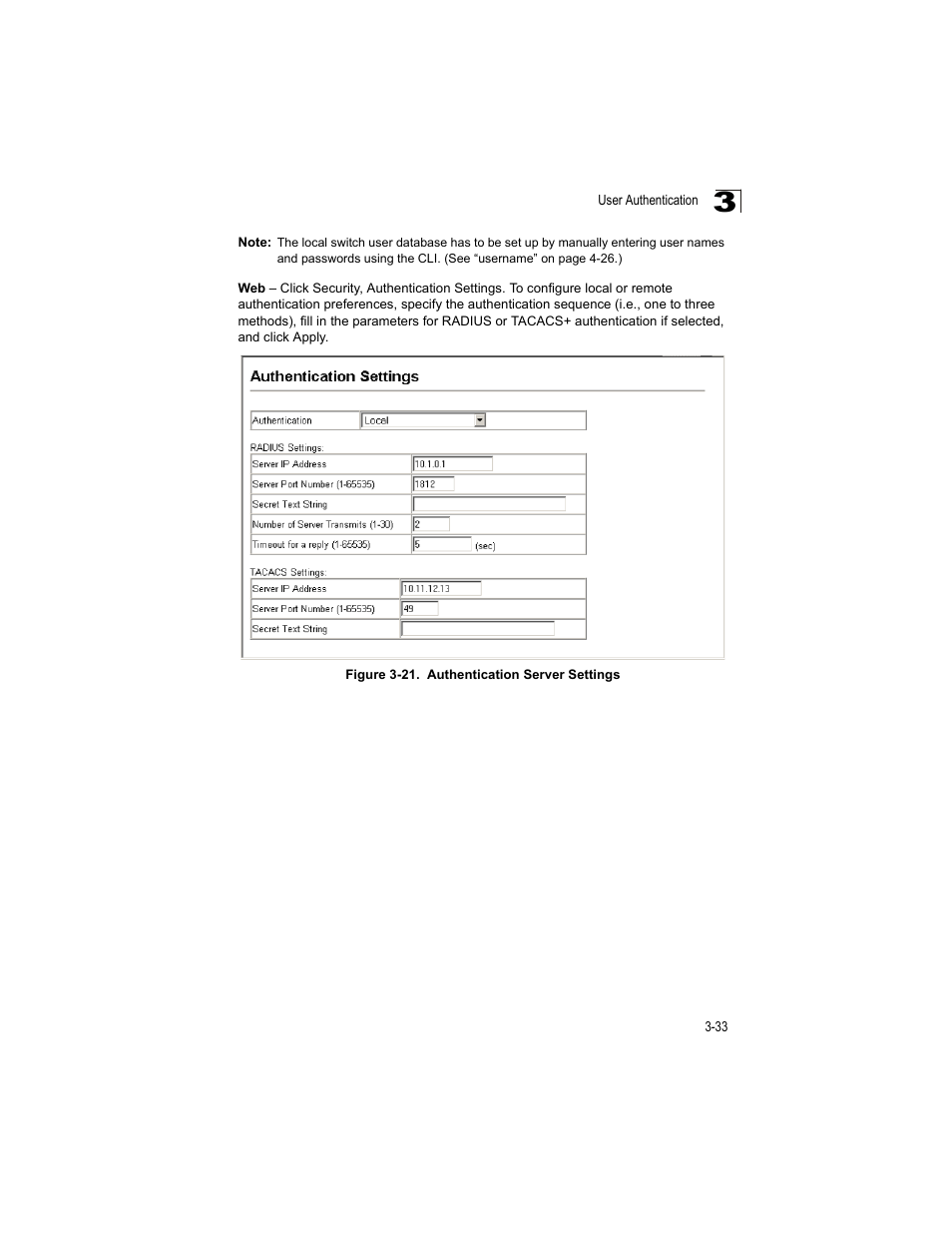 Figure 3-21, Authentication server settings | Accton Technology ES4512C User Manual | Page 71 / 426