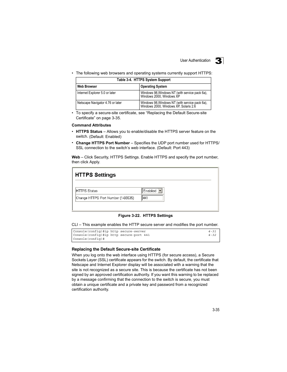 Replacing the default secure-site certificate, Table 3-4, Https system support | Figure 3-22, Https settings | Accton Technology ES4512C User Manual | Page 73 / 426