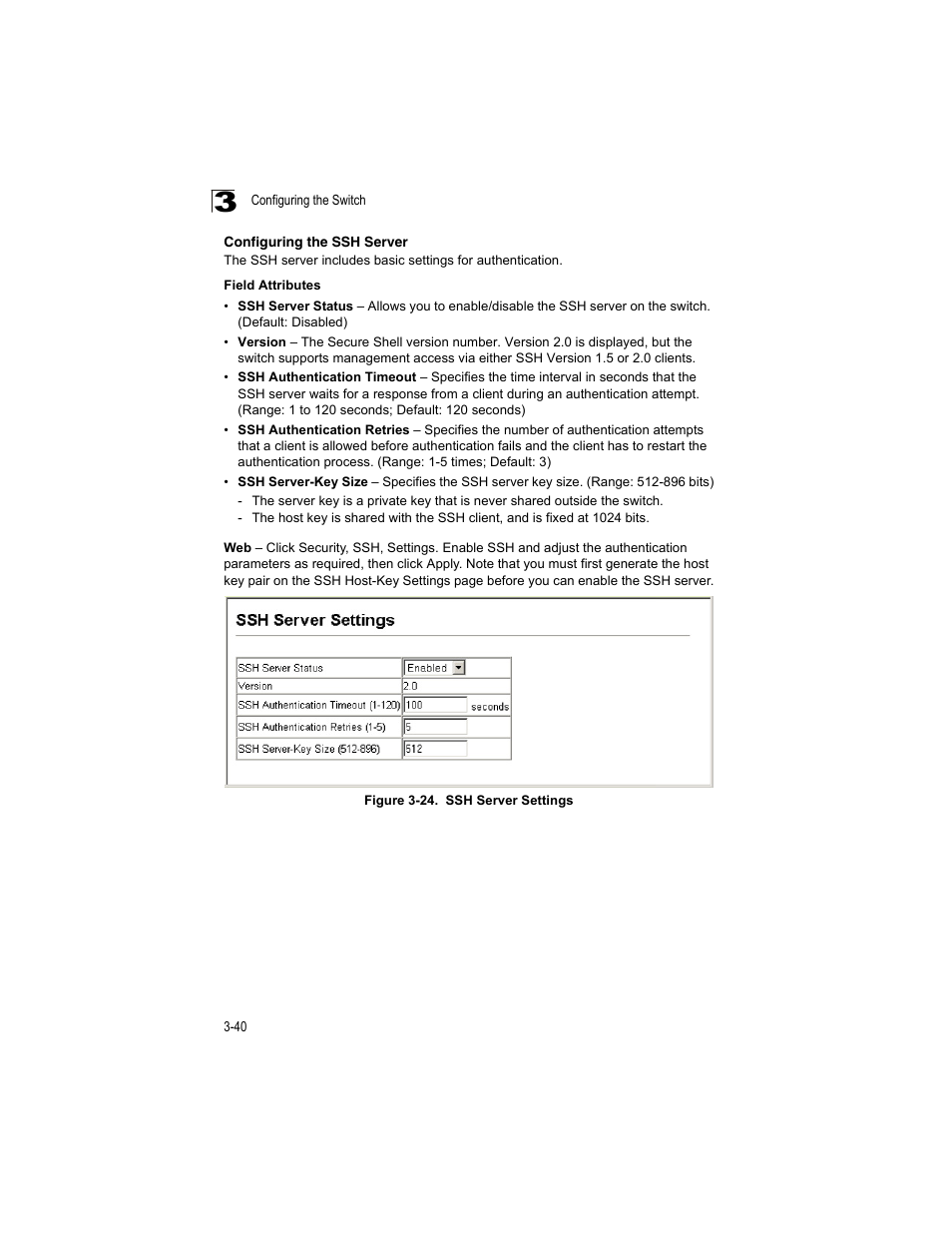 Configuring the ssh server, Figure 3-24, Ssh server settings | Accton Technology ES4512C User Manual | Page 78 / 426