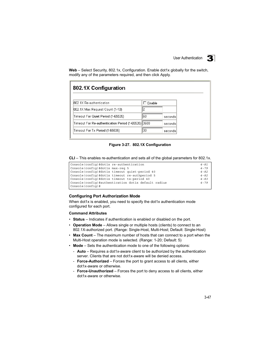 Configuring port authorization mode, Figure 3-27, 1x configuration | Accton Technology ES4512C User Manual | Page 85 / 426
