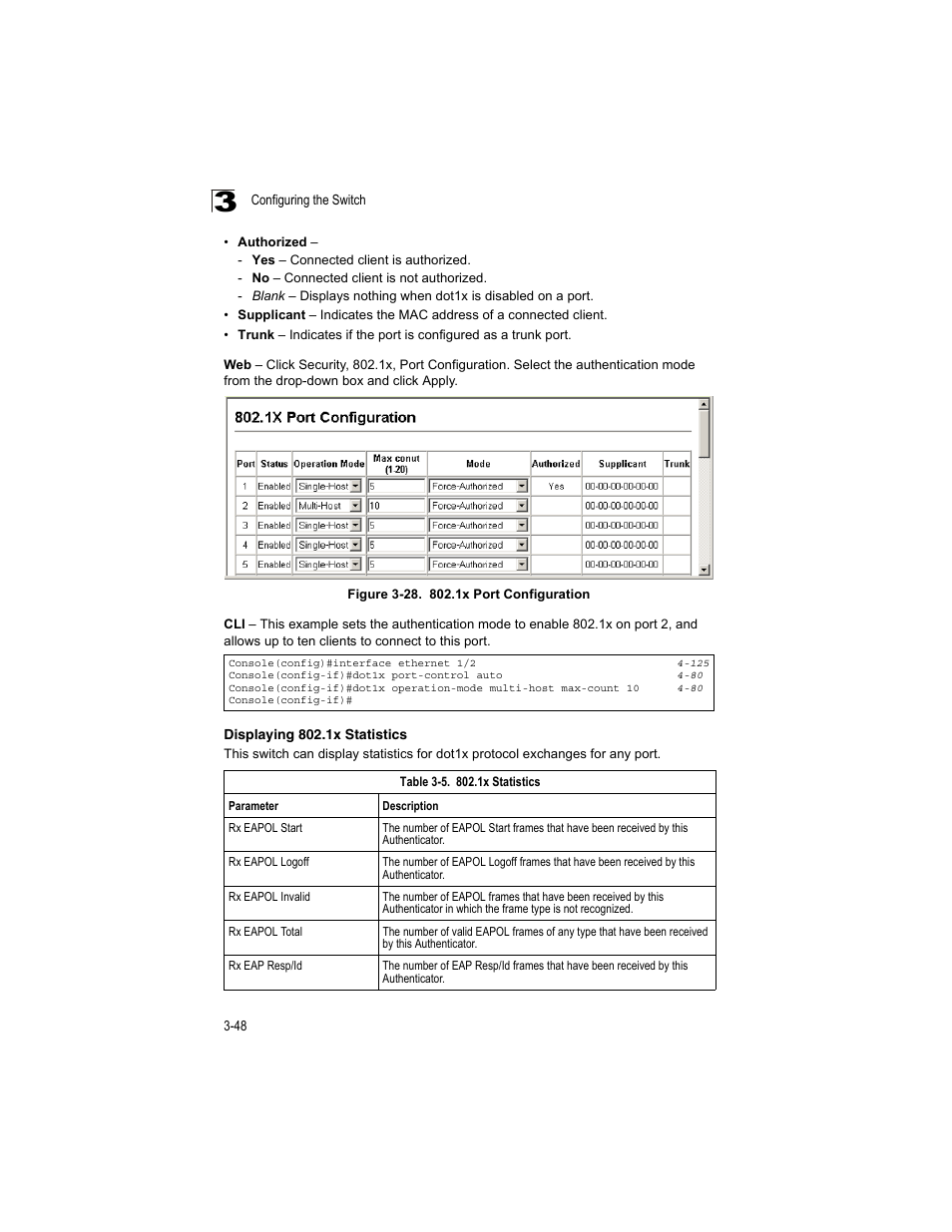 Displaying 802.1x statistics, Table 3-5, 1x statistics | Figure 3-28, 1x port configuration | Accton Technology ES4512C User Manual | Page 86 / 426