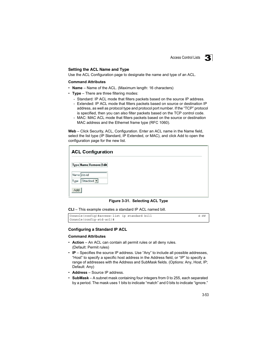 Setting the acl name and type, Configuring a standard ip acl, Figure 3-31 | Selecting acl type | Accton Technology ES4512C User Manual | Page 91 / 426