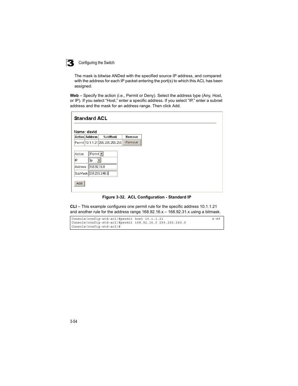 Figure 3-32, Acl configuration - standard ip | Accton Technology ES4512C User Manual | Page 92 / 426