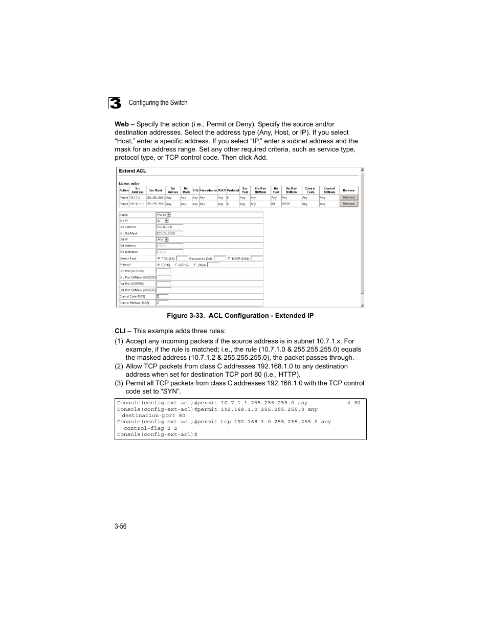Figure 3-33, Acl configuration - extended ip | Accton Technology ES4512C User Manual | Page 94 / 426