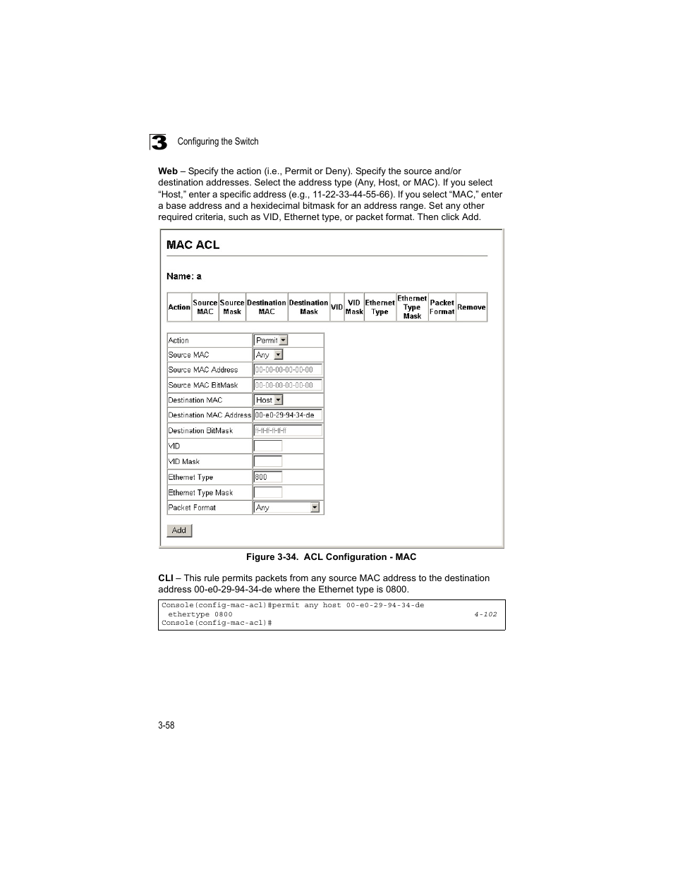 Figure 3-34, Acl configuration - mac | Accton Technology ES4512C User Manual | Page 96 / 426