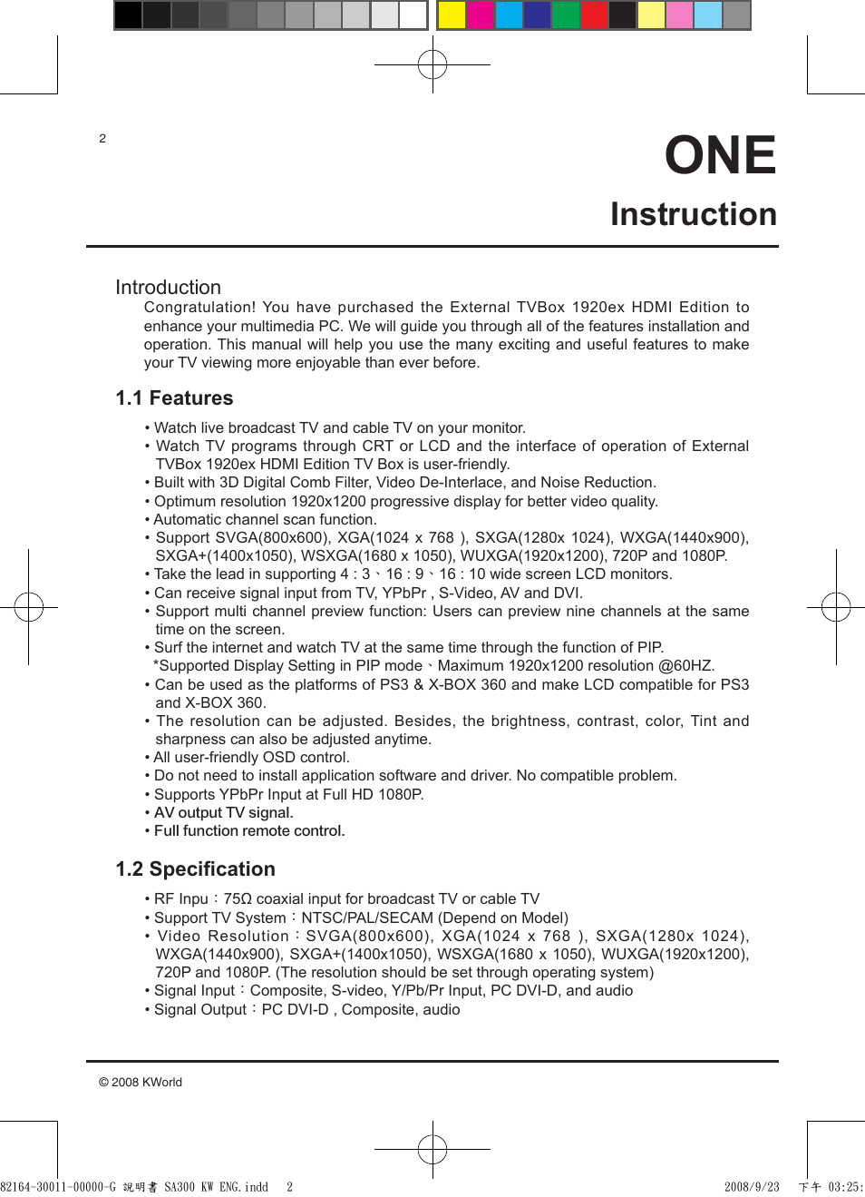 Instruction, Introduction, 1 features 1.2 specification | KWorld SA300-A HDMI User Manual | Page 2 / 12