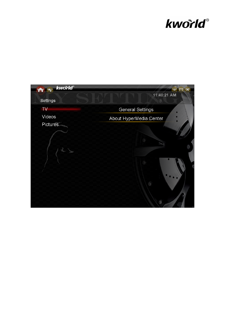 Settings, Videos, Pictures | KWorld HyperMedia Center V1-3 User Manual | Page 15 / 17