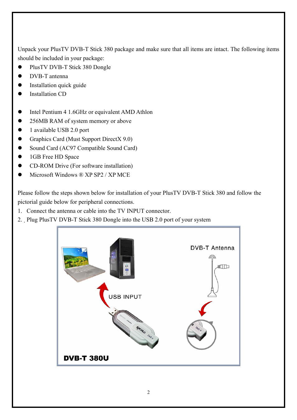1 package contents, 2 system requirements, 3 hardware installation | KWorld VS-DVBT 380U User Manual | Page 2 / 9
